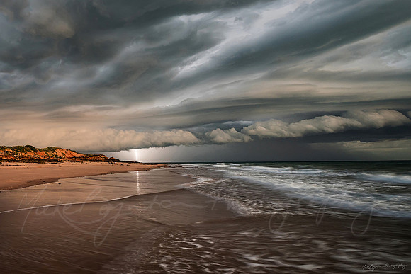 Lightning at sunset in Broome Western Australia by photographer Mieke Boynton