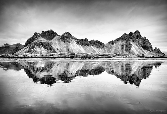 A black and white photo of Vestrahorn in Iceland by photographer Mieke Boynton